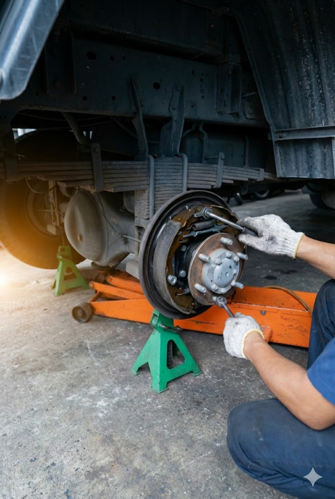 mechanic repairing underside of truck showing axle
