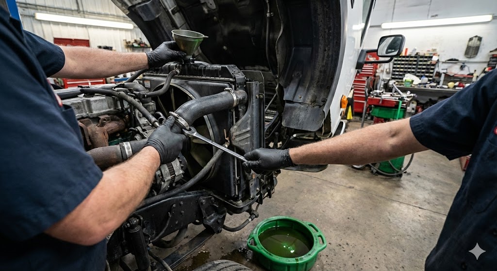 mechanics working on electrical issues on heavy duty truck