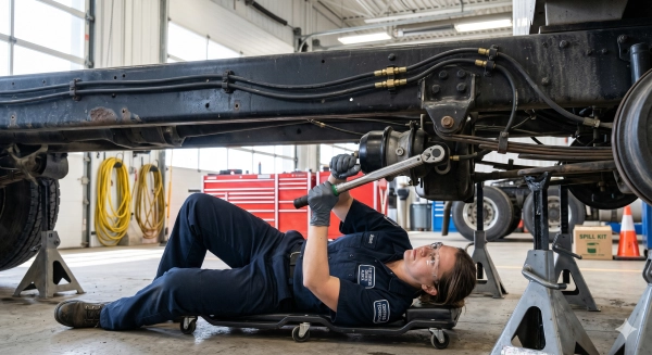 Qualified technicians importance shown through expert safety inspection on a heavy-duty truck in a professional workshop