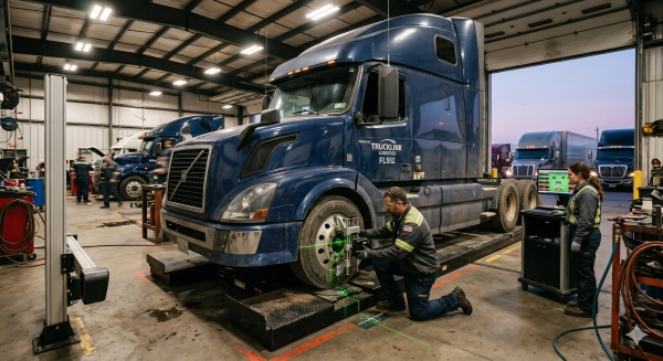 Coppertop Truck Repair fleet service bay in Alberta diagnosing truck alignment issues in heavy-duty commercial trucks