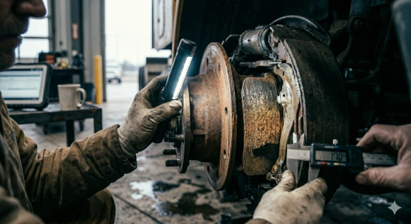 Worn brake components commonly linked to CVIP inspection failures on heavy-duty trucks